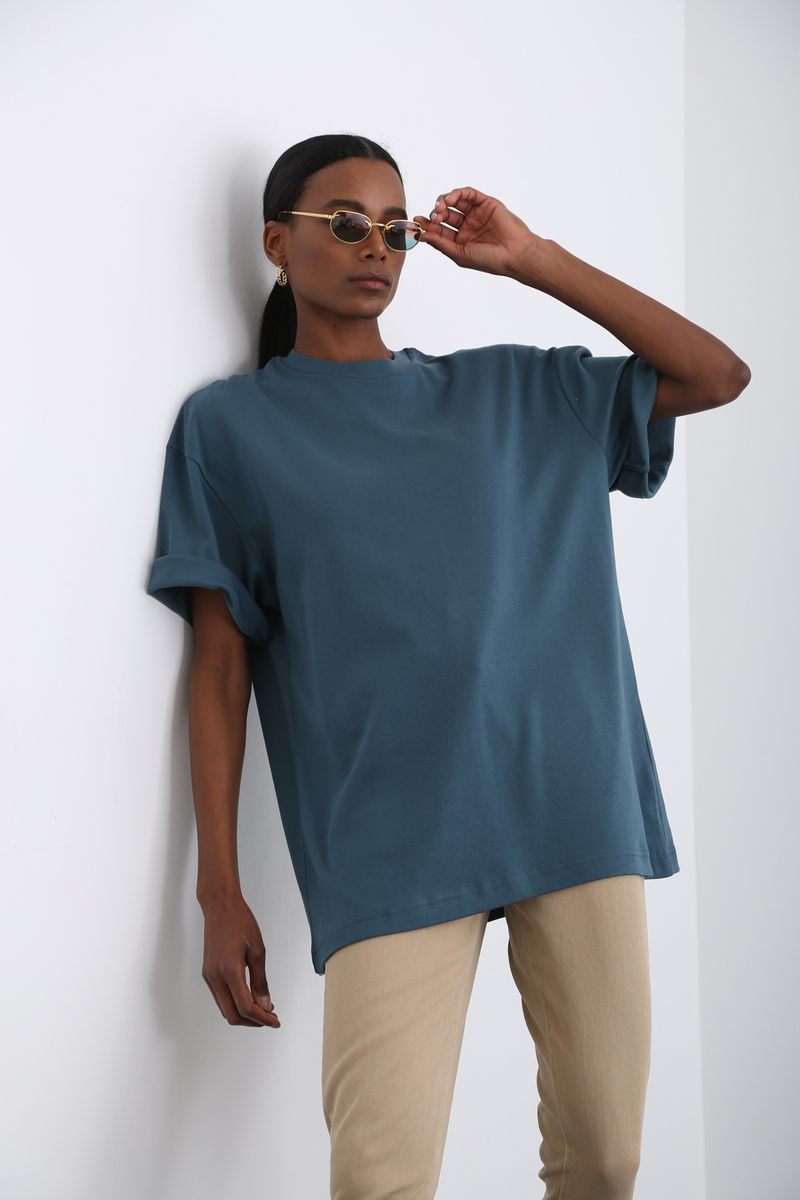 Petrol Mavisi Bisiklet Yaka Basic Tshirt 