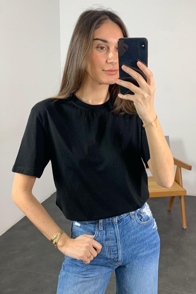 Siyah Comfort Tok Dokulu Basic Tişört 