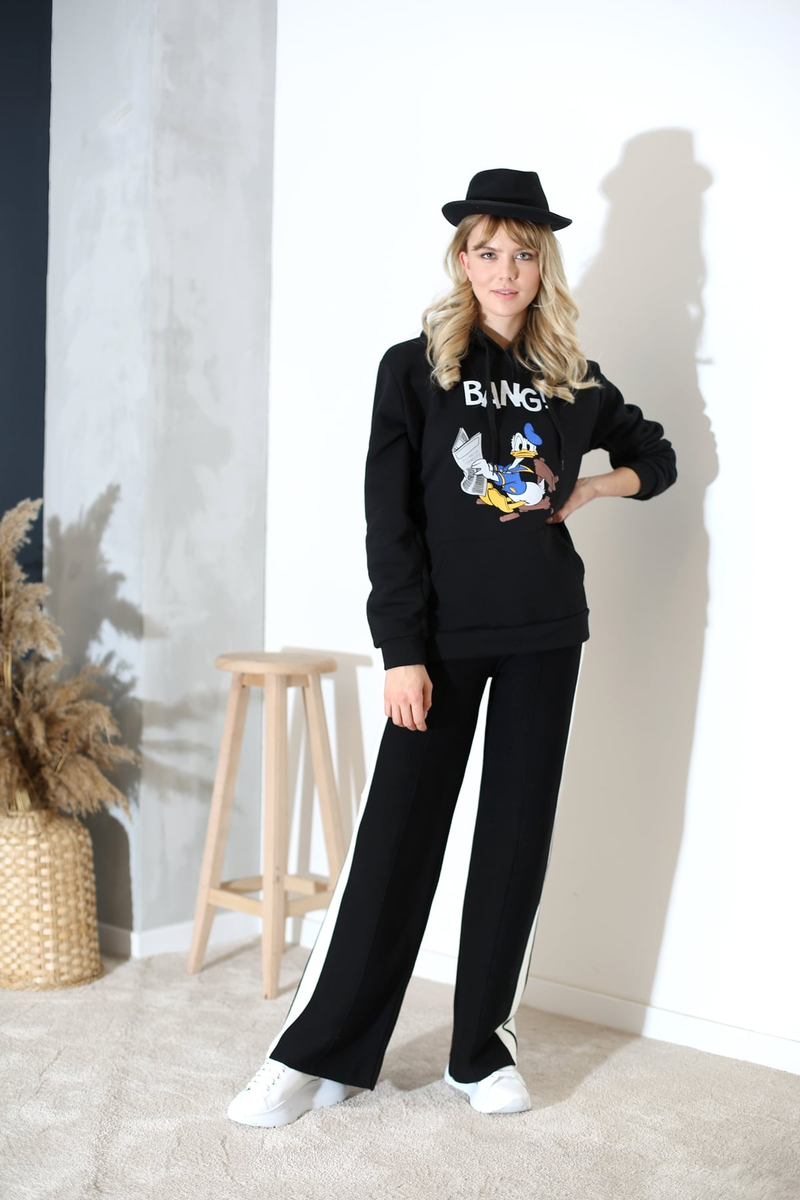 Siyah Donald Duck Baskılı Kapşonlu Sweatshirt