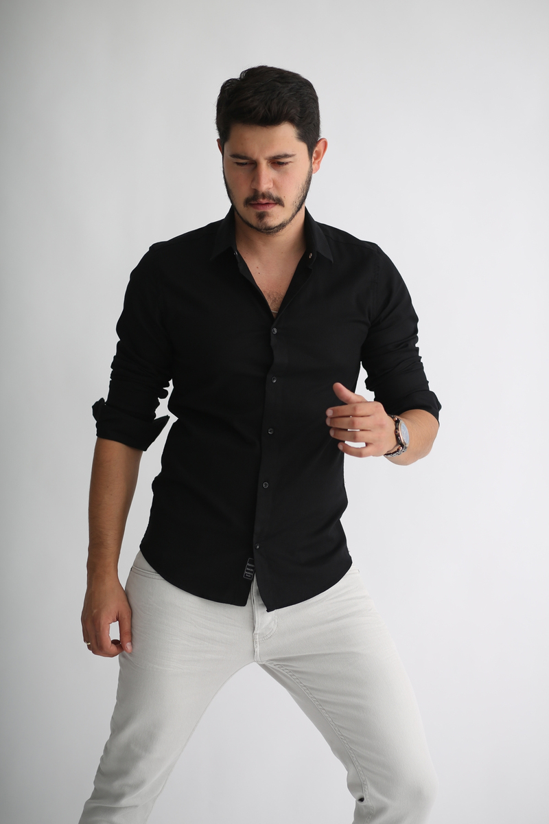 Siyah Erkek Dokuma Slim Fit Gömlek 3770