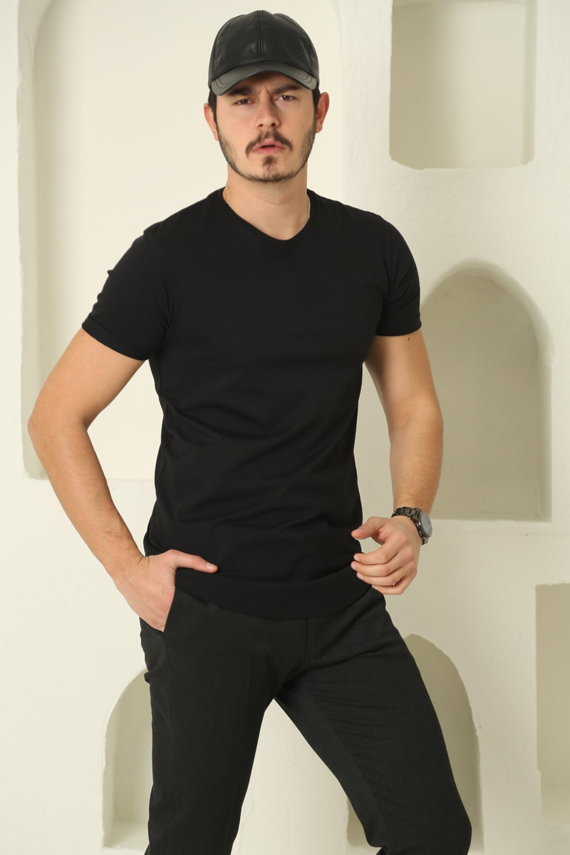 Siyah Erkek Duble Kol Bisiklet Yaka Tshirt 635