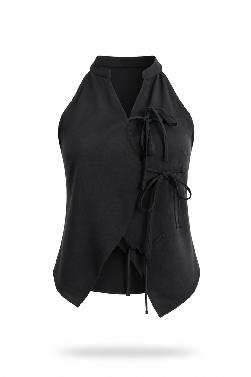 Siyah Halter Yaka Önü Bağlamalı Bluz 478