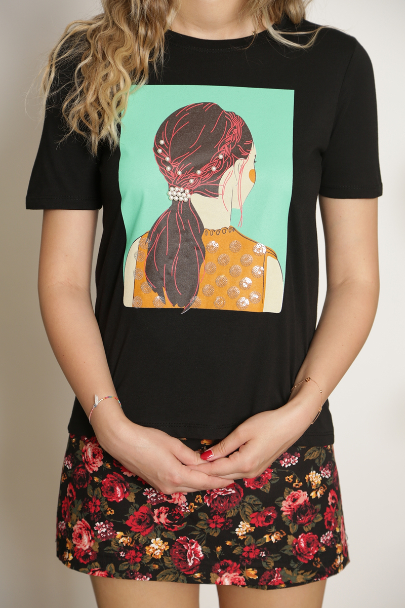 Siyah İnci Tokalı Tshirt 6932