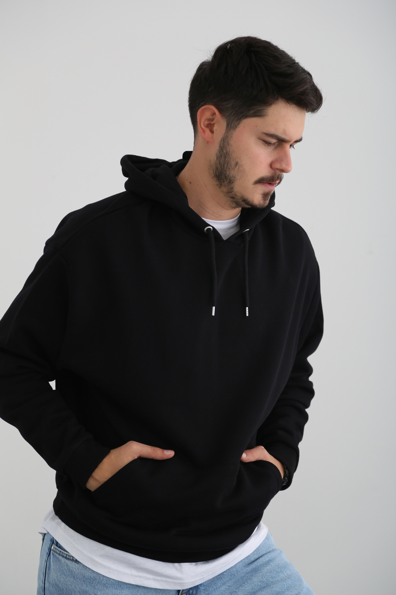 Siyah Kapşonlu Kanguru Erkek Sweatshirt 