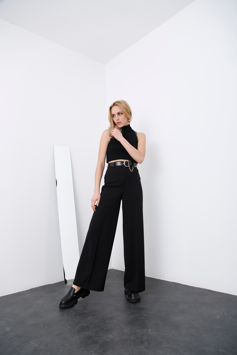 Siyah Kemerli Bol Paça Pantolon 50573