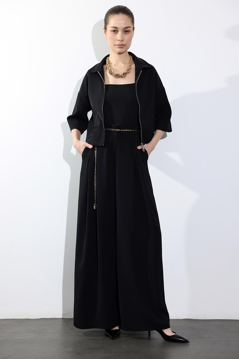 Siyah Kemerli Yüksek Bel Bol Paça Pantolon 031641