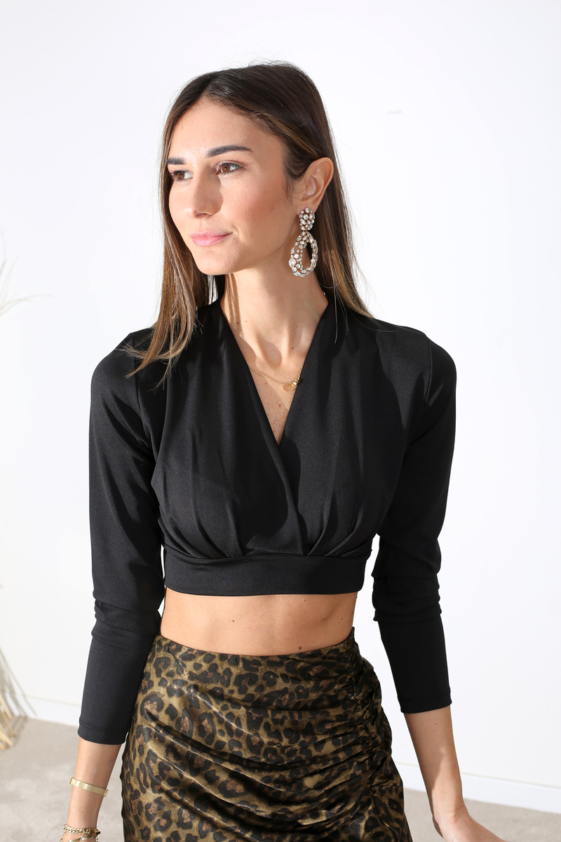 Siyah Kruvaze Crop Bluz