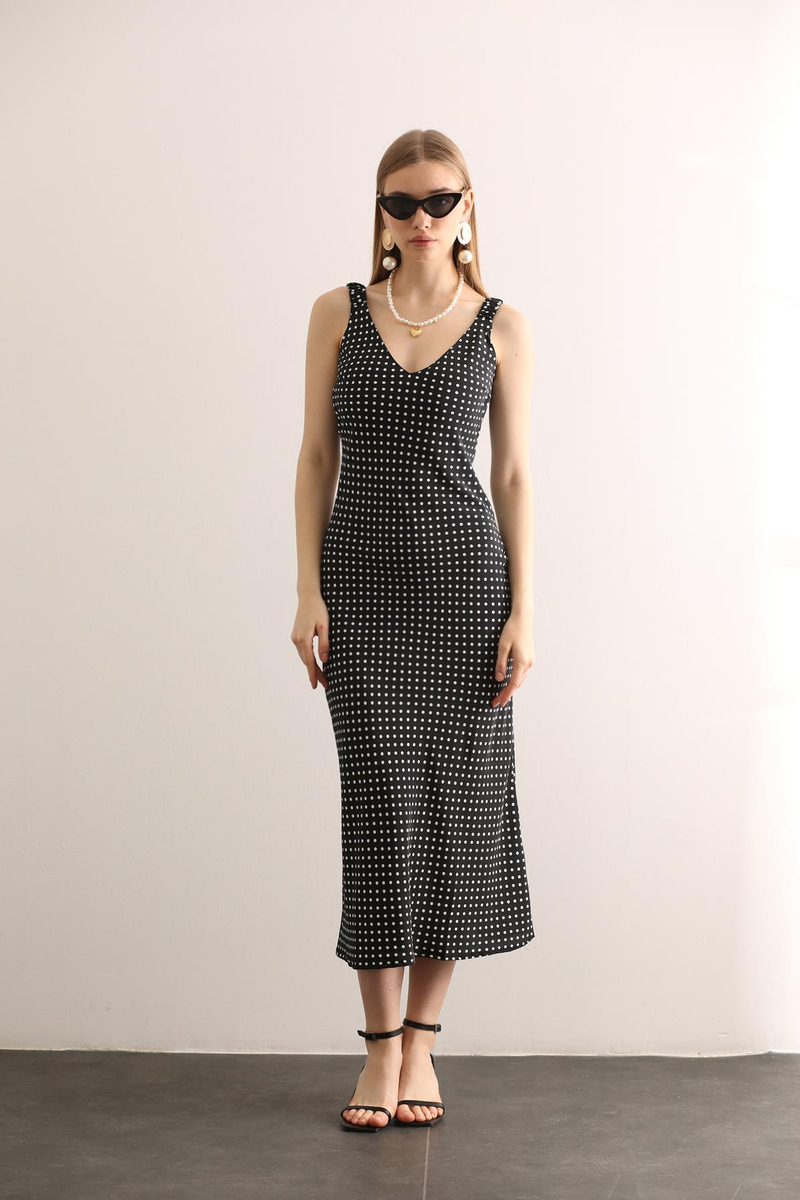 Siyah Maxi Boy Puantiye Desen Elbise 14351