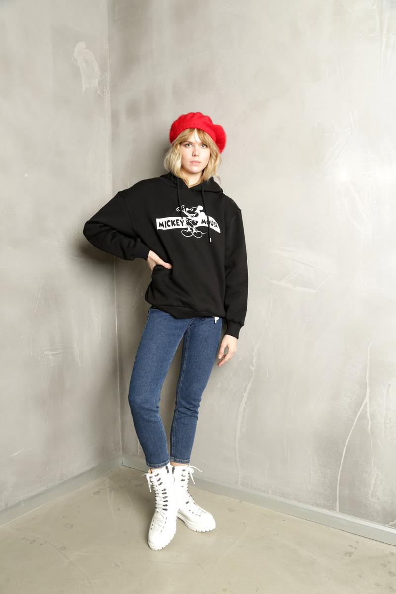 Siyah Mickey Mouse Baskılı Kapşonlu Sweatshirt