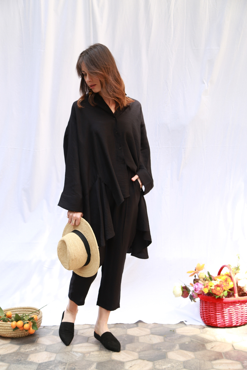 Siyah Oversize Keten Takım