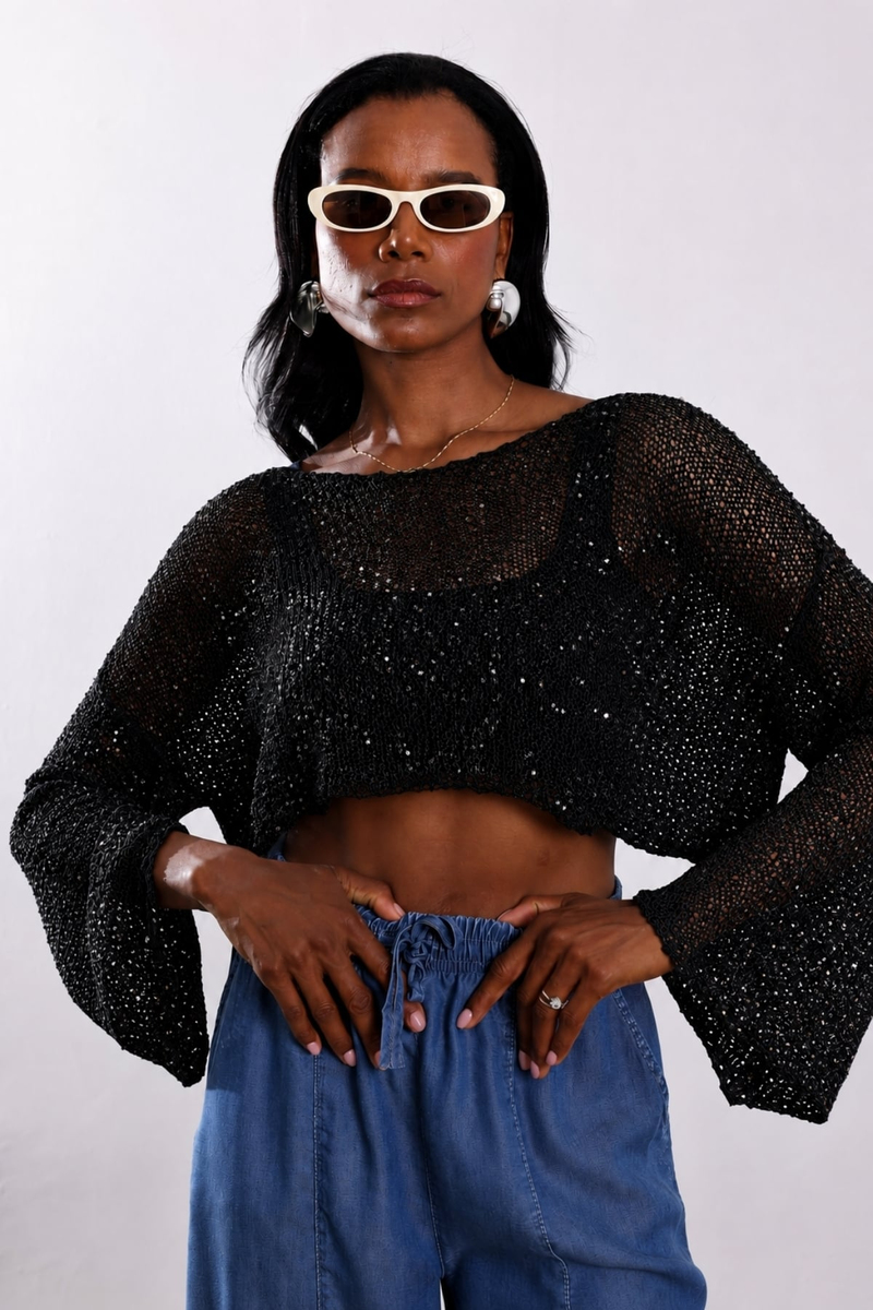 Siyah Pullu Crop Merserize Triko 