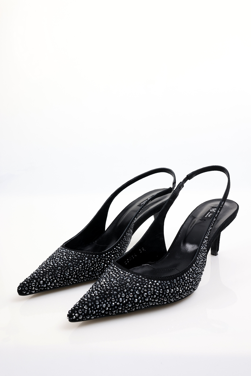 Siyah Taşlı Sivri Burun Slingback 26014