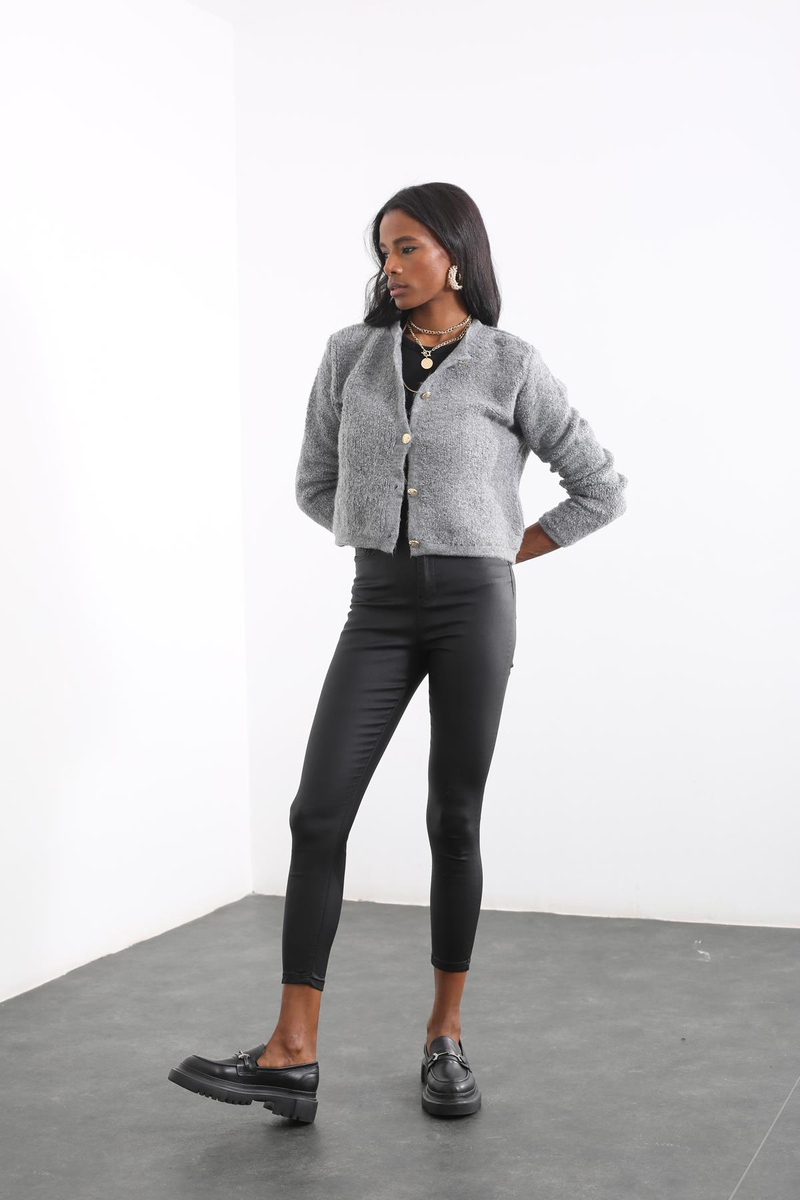 Siyah Yüksek Bel Mumlu Skinny Jean 7038