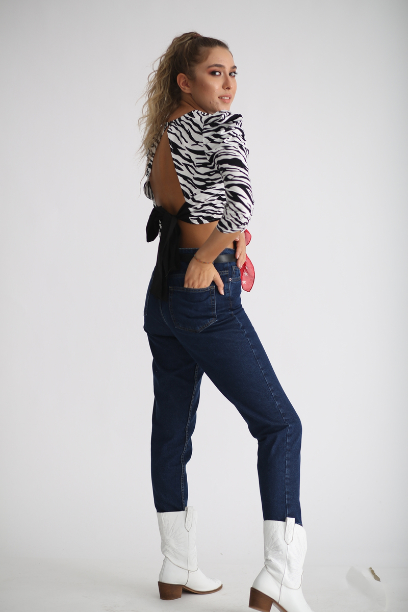 Siyah Zebra Desen Sırtı Bağlamalı Bluz 