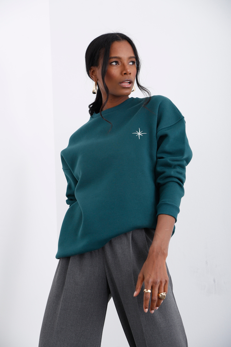 Yeşil Bisiklet Yaka Şardonlu Sweatshirt 