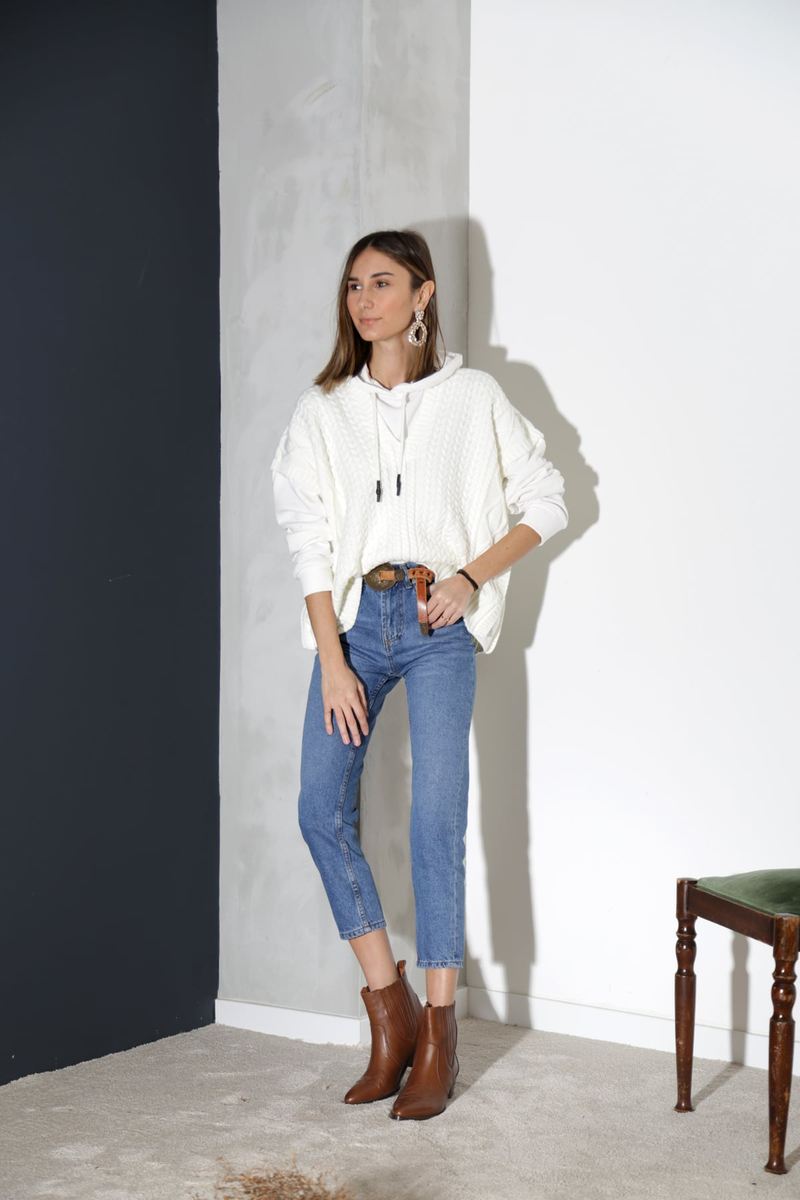 Yıkamalı Mavi Yüksek Bel Mom Fit