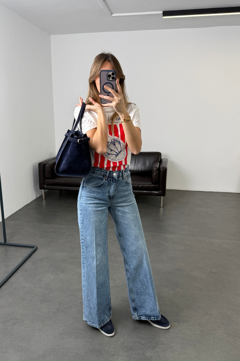 Yıkamalı Mavi Yüksek Bel Wide Leg Jean 