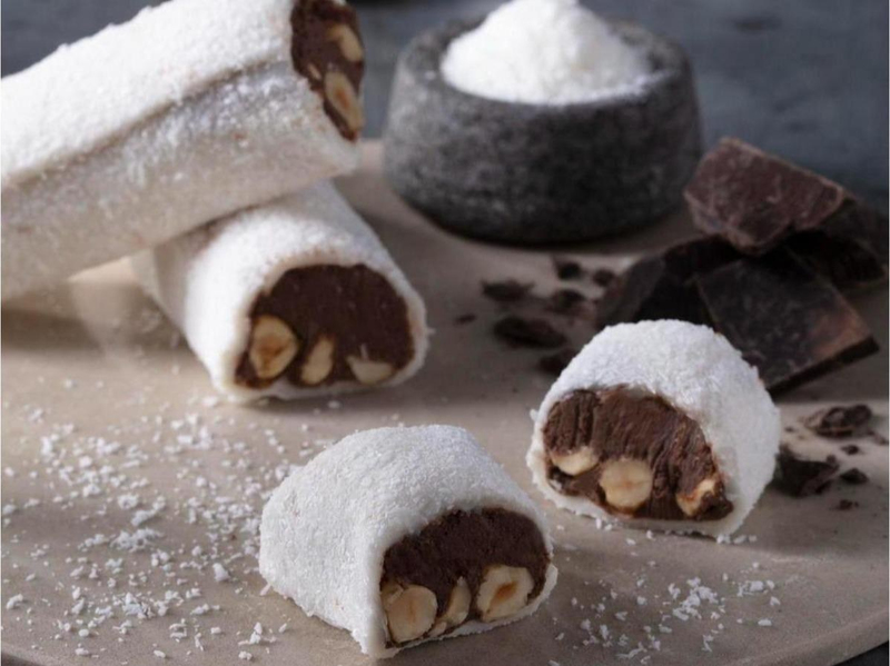 WRAP DELIGHTSRolled Sultan Turkish Delight With Hazelnut And Chocolate Cream Covered With Coconut