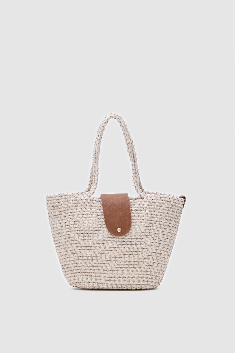 Duffy Kapaklı Handmade Hasır Tote Çanta Ekru