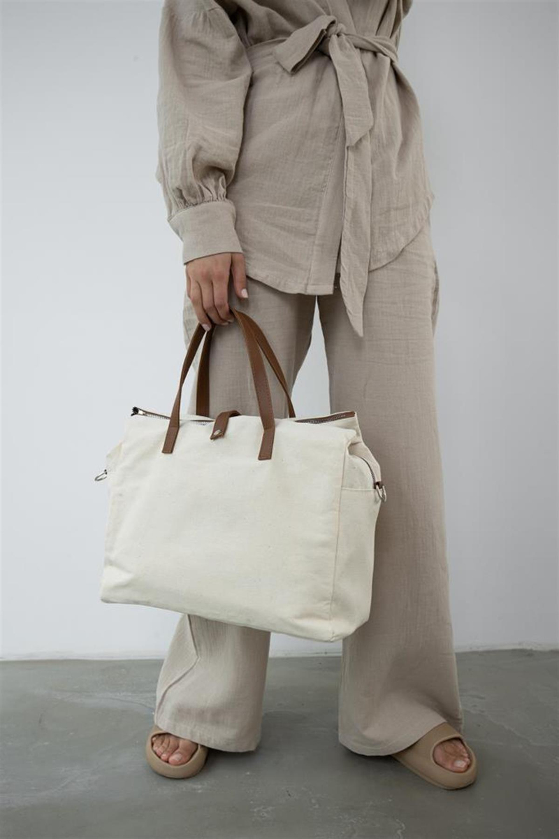 Organik Keten Kumaş Shopper Çanta Leon Taba