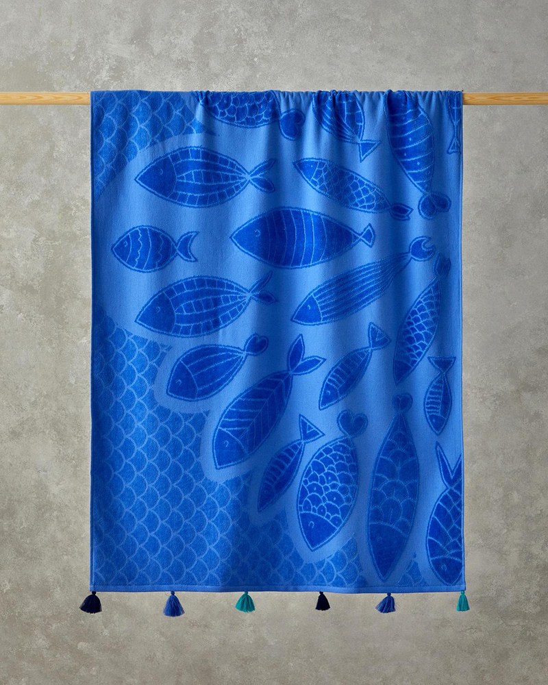Blue Fish Pamuklu Kadife Jakarlı Plaj Havlusu 90x150 cm Mavi