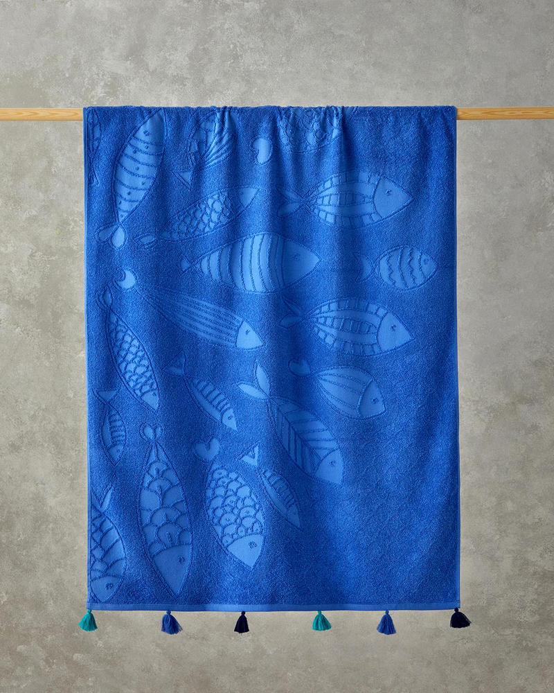Blue Fish Pamuklu Kadife Jakarlı Plaj Havlusu 90x150 cm Mavi