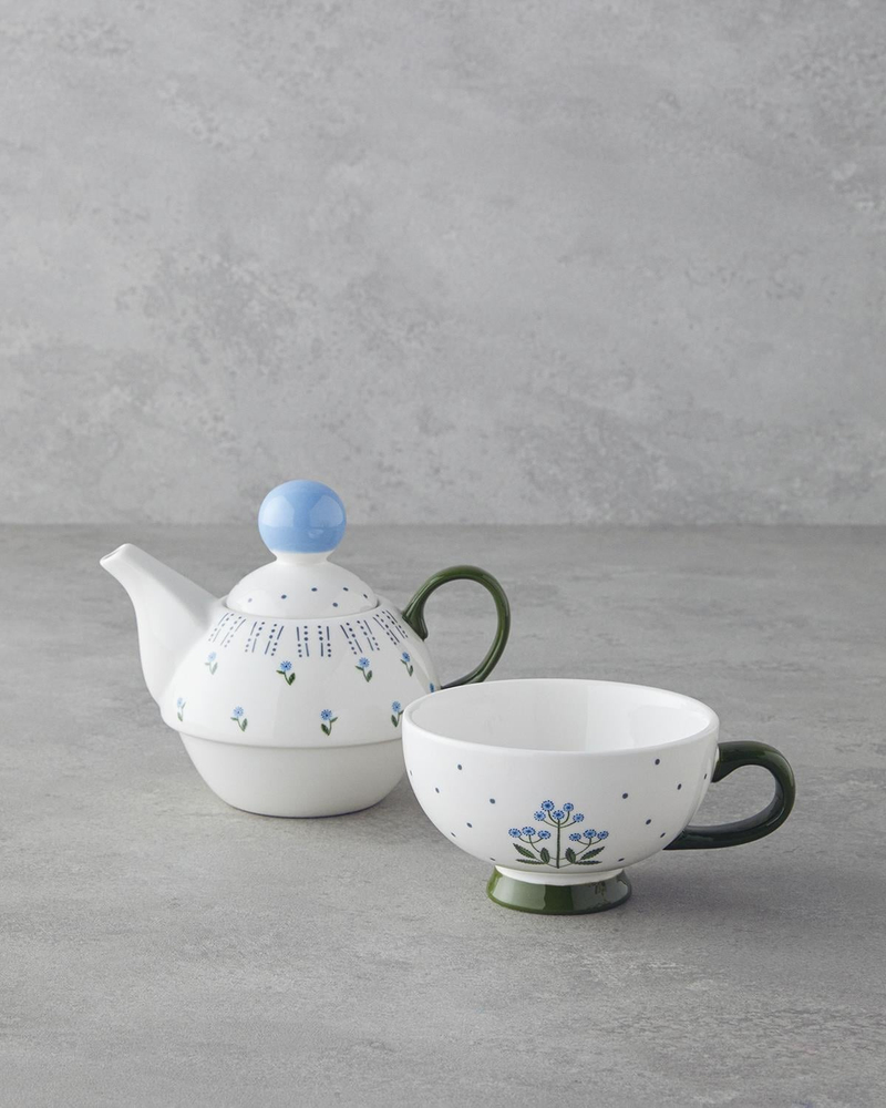 Blue Flowers New Bone China Demlik 400 ml Mavi