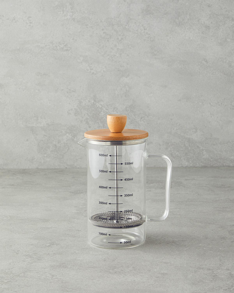 Brew Borosilikat Bambu Kapaklı French Press 600 ml Şeffaf