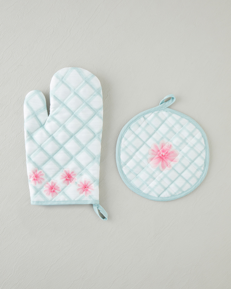 Bright Floral Polyester 2'li Mutfak Seti 17x30 Cm + 20x20 Cm Pembe - Yeşil