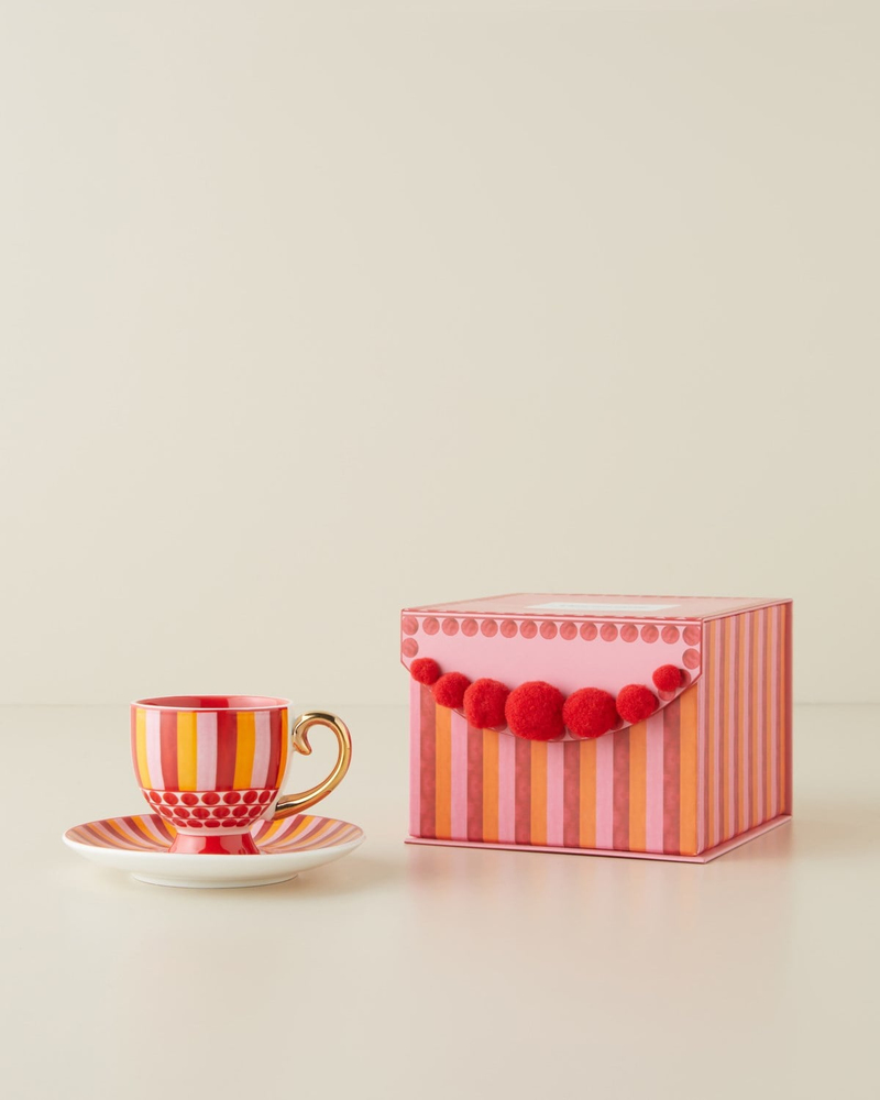 Bright Vionna New Bone China 4 Parça 2 Kişilik Kahve Fincan Takımı 100 ml Pembe-Kırmızı-Turuncu