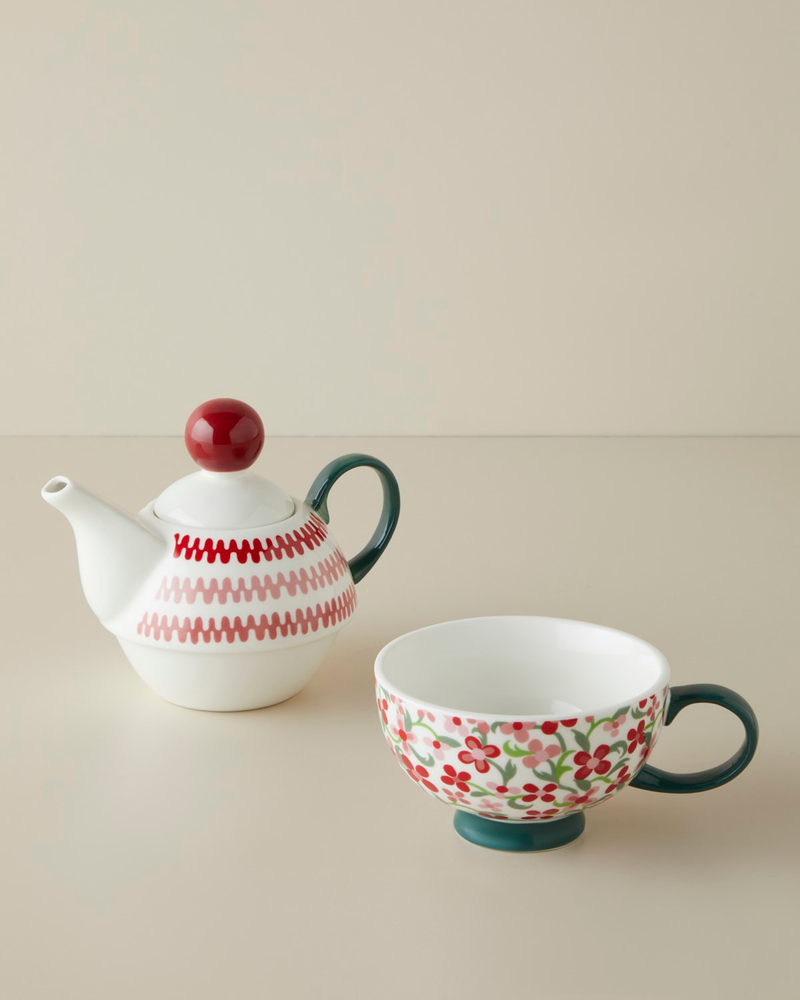 Country Bloom New Bone China Demlik Seti 380 – 260 ml Bordo-Yeşil