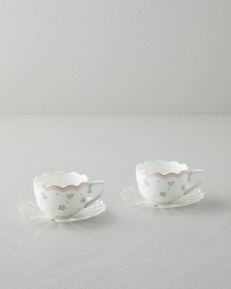 Daisy Days New Bone China 4 Parça 2 Kişilik Cam Tabaklı Kahve Fincan Takımı 80 ml Pembe - Yeşil