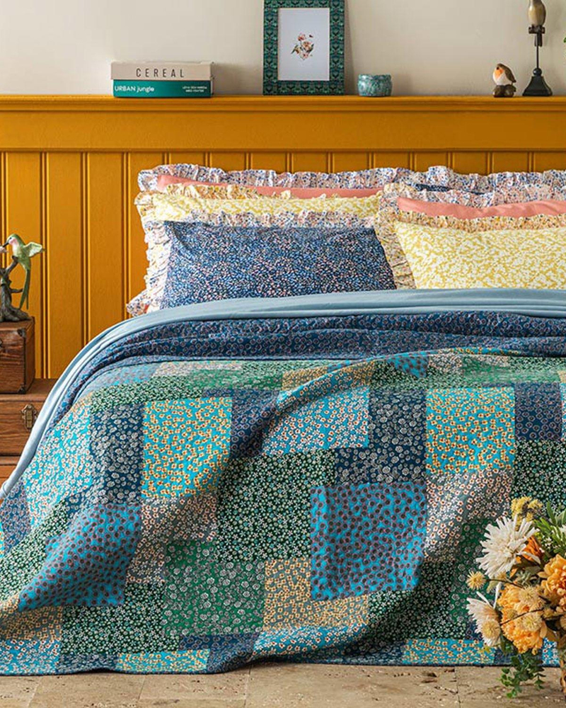 Daisy Fest Patchwork King Size Çok Amaçlı Örtü Petrol Mavisi