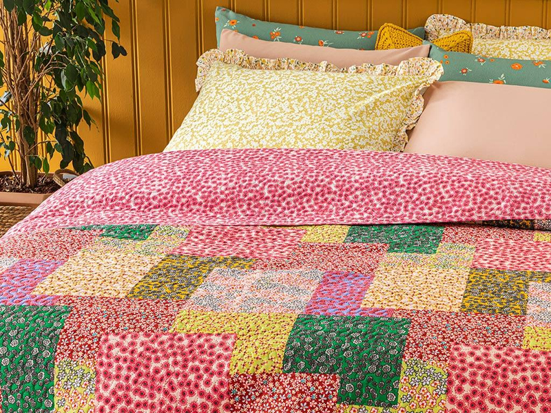 Daisy Fest Patchwork Tek Kişilik Çok Amaçlı Örtü Pembe
