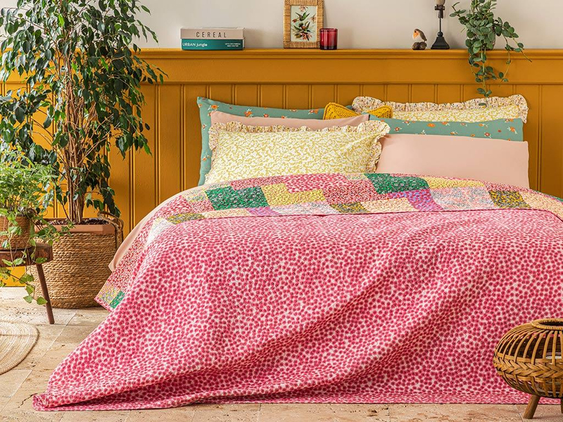 Daisy Fest Patchwork Tek Kişilik Çok Amaçlı Örtü Pembe