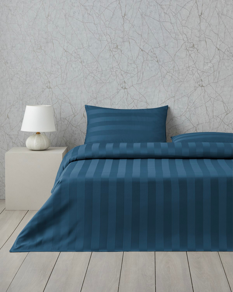 Deluxe Çizgili Pamuk Saten Çift Kişilik Çarşaflı Nevresim Takımı 200x220 cm Lacivert
