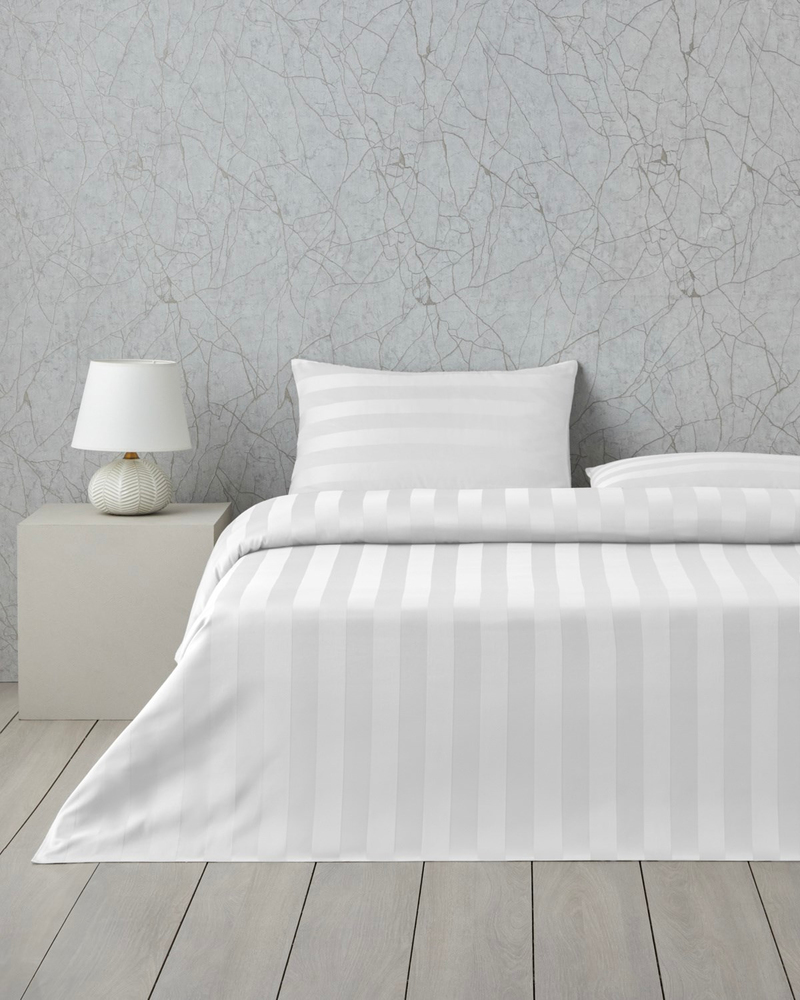 Deluxe Çizgili Pamuk Saten Çift Kişilik Çarşaflı Nevresim Takımı Beyaz