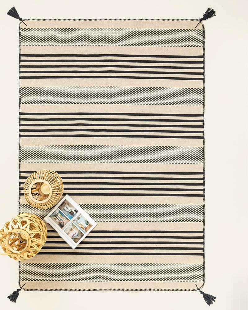 Fancy Striped Dokuma Kilim Lacivert - Krem