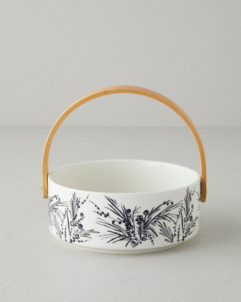 Floral Grace Stoneware Sunumluk 17x7 cm Beyaz - Lacivert