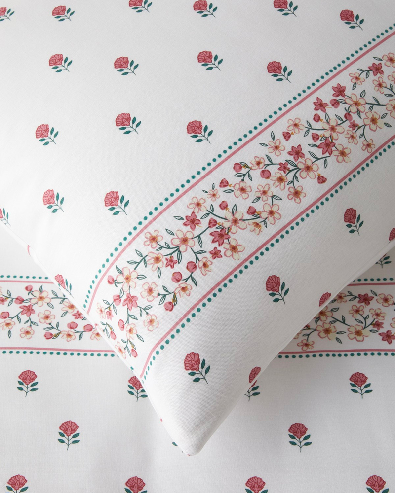 Floral Lines Pamuk Çift Kişilik Nevresim Takımı 200x220 cm Pembe - Yeşil