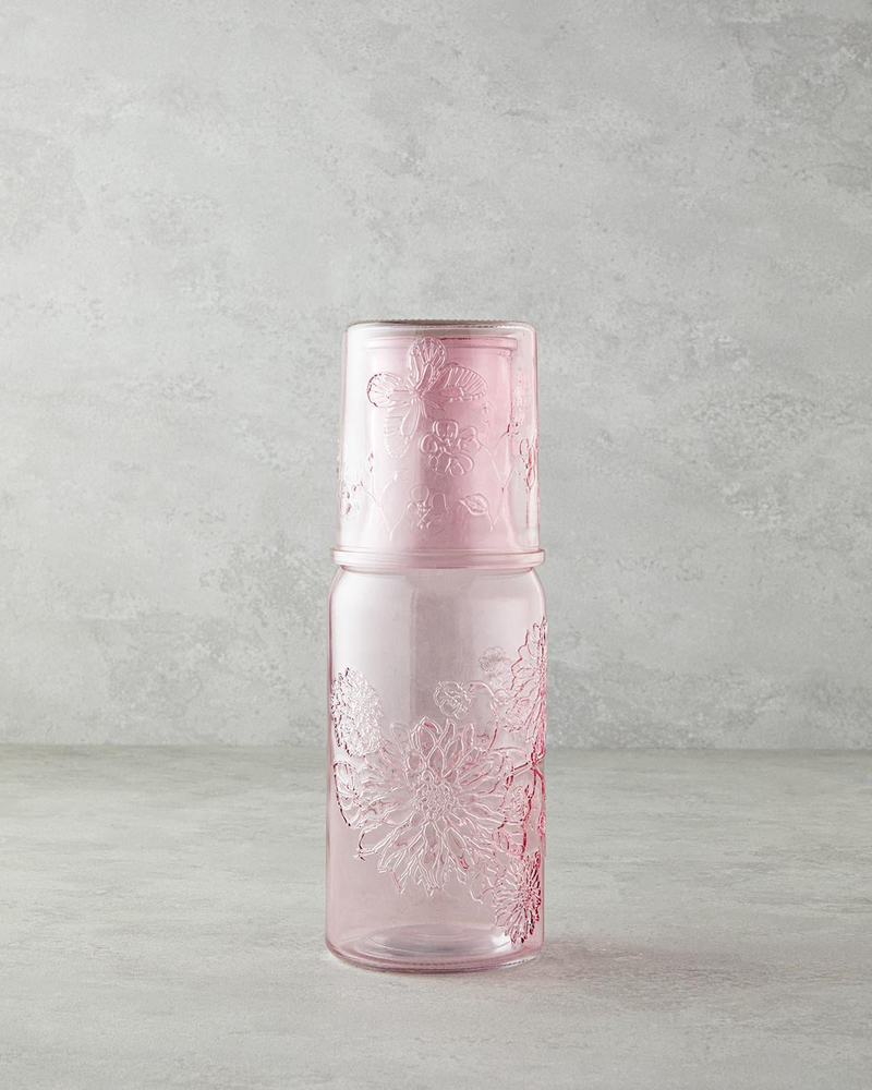Flowery Cam Başucu Sürahi 1200 ml + 400 ml Pembe