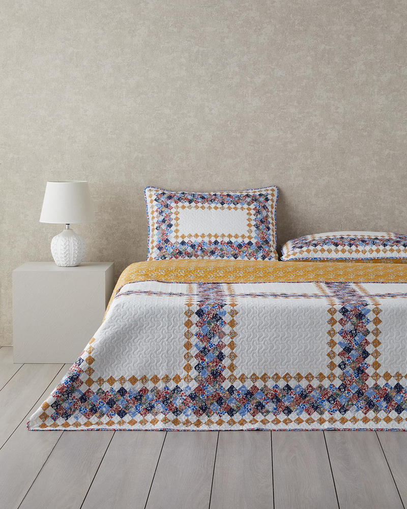 Gingham Patchwork Çok Amaçlı King Size Yatak Örtüsü Takımı 240x220 cm Terracotta