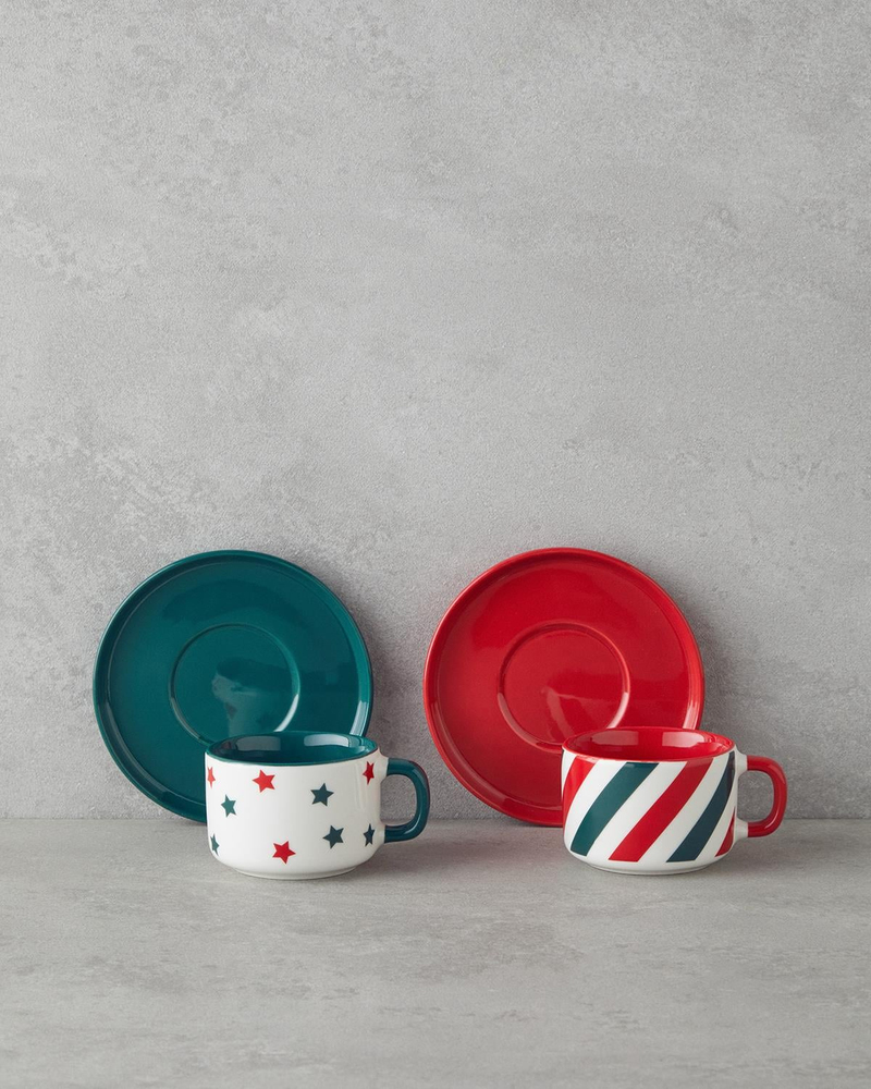 Holiday Shine New Bone China 4 Parça 2 Kişilik Kahve Fincan Takımı 90 ml Kırmızı - Yeşil
