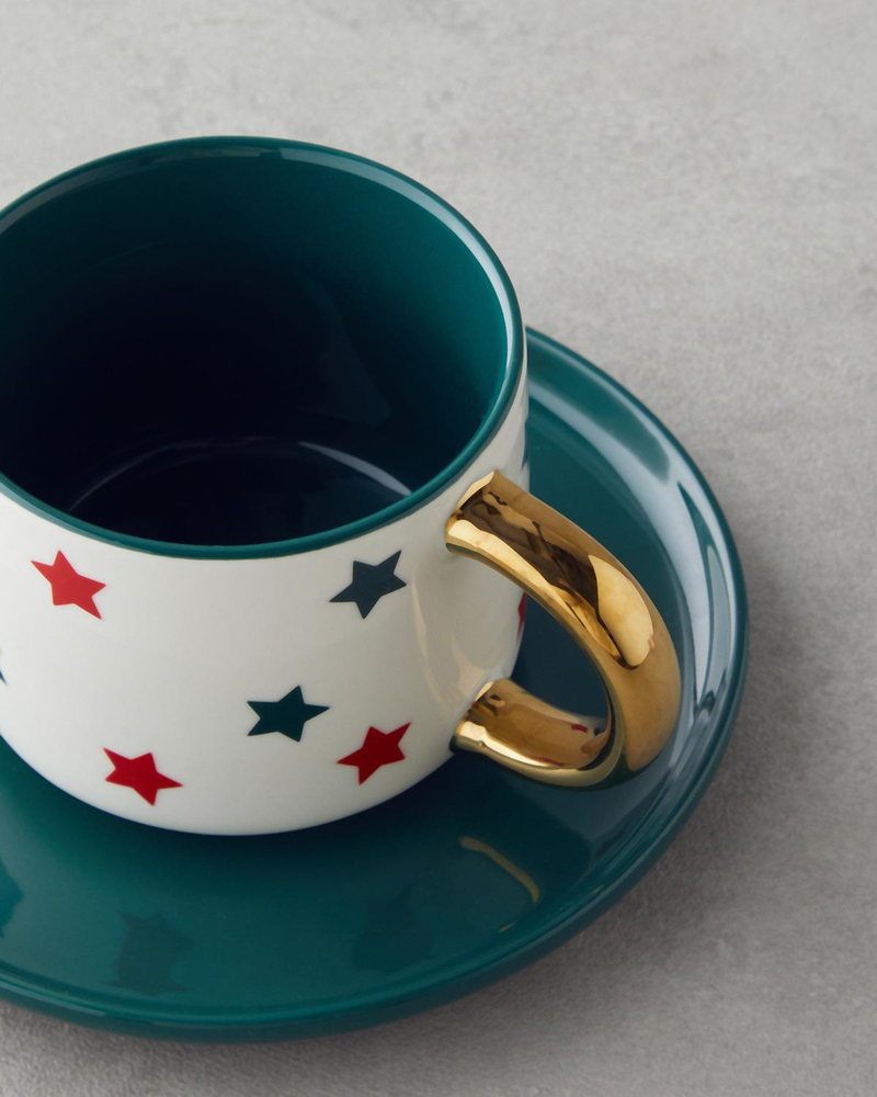 Holiday Shine New Bone China 4 Parça 2 Kişilik Çay Fincanı Takımı 200 ml Kırmızı-Yeşil-Gold