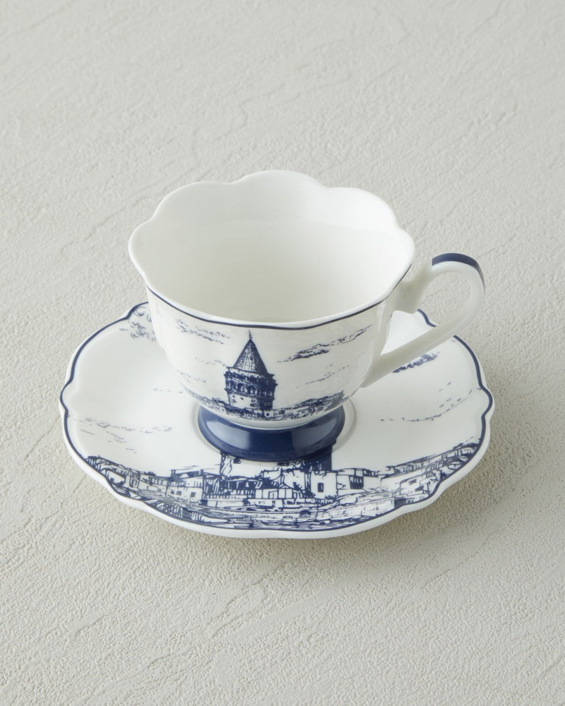 İstanbul New Bone China 4 Parça 2 Kişilik Kahve Fincanı 90 ml Beyaz - Lacivert