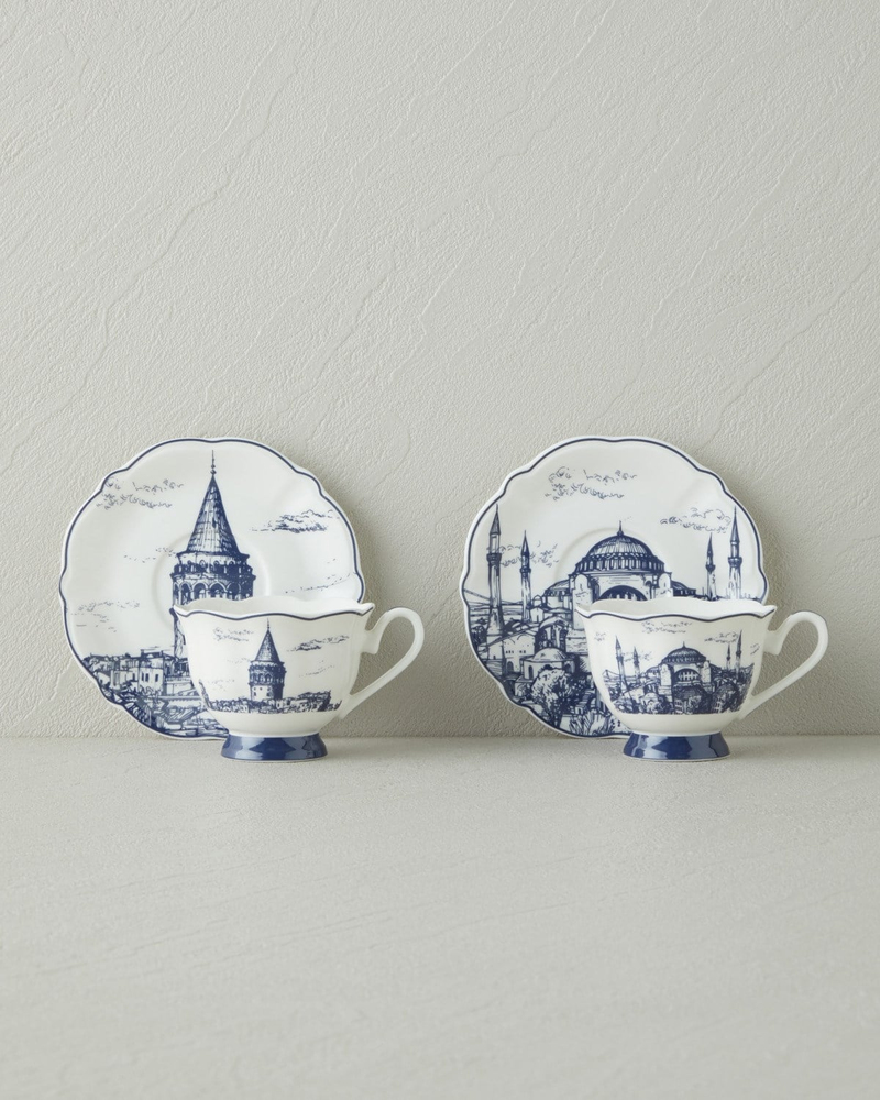 İstanbul New Bone China 4 Parça 2 Kişilik Kahve Fincanı 90 ml Beyaz - Lacivert