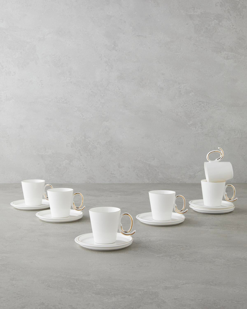 Ivory Porselen 12 Parça 6 Kişilik Kahve Fincan Takımı 85 ml Beyaz-Gold