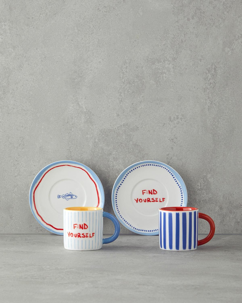 Jolly Waves New Bone China Kahve Fincan Takımı Kırmızı - Mavi