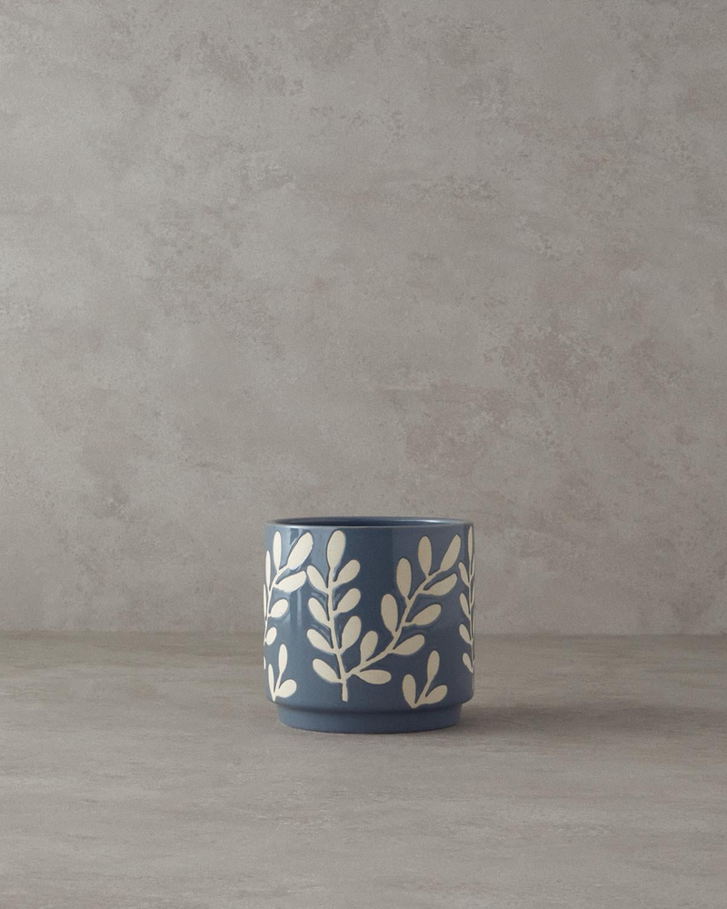 Leafy Stoneware Saksı Mavi