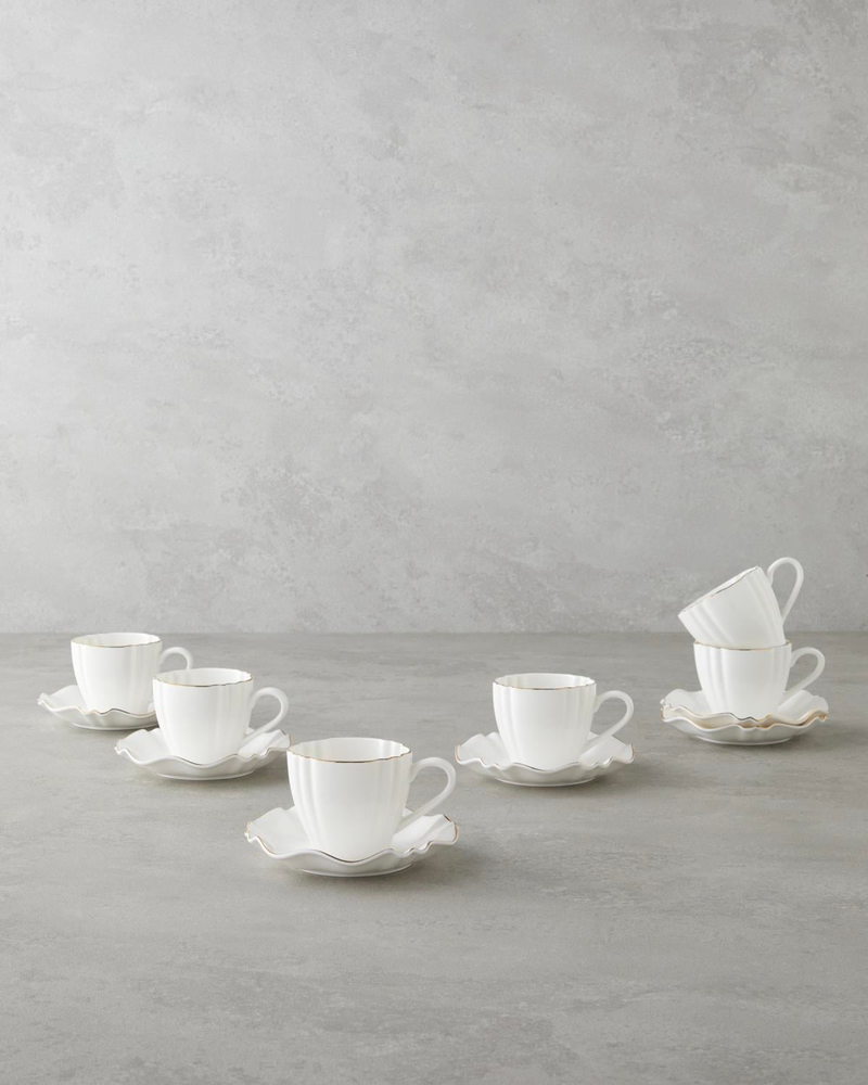 Lumen New Bone China 12 Parça 6 Kişilik Kahve Fincan Takımı 90 ml Beyaz-Gold